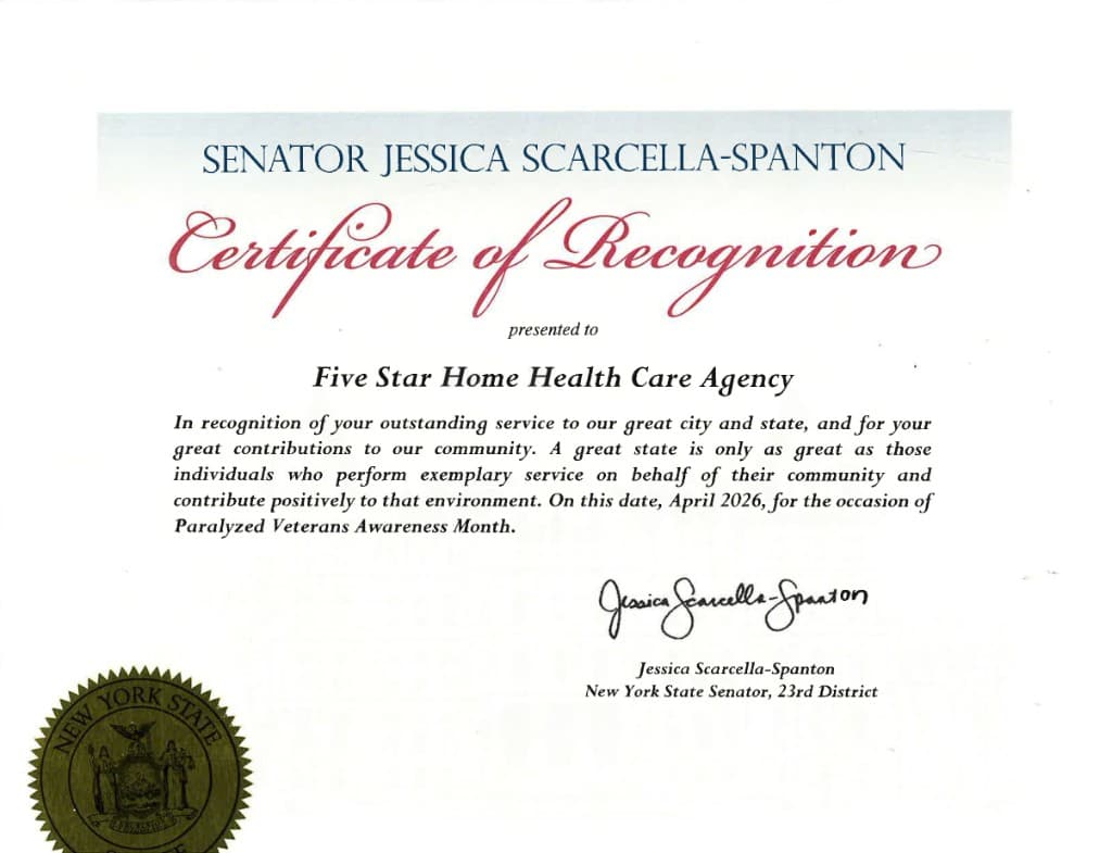 New York State Senate Certificate of Recognition presented to Five Star Home Health Care Agency by Senator Jessica Scarcella-Spanton, April 2026, for Paralyzed Veterans Awareness Month